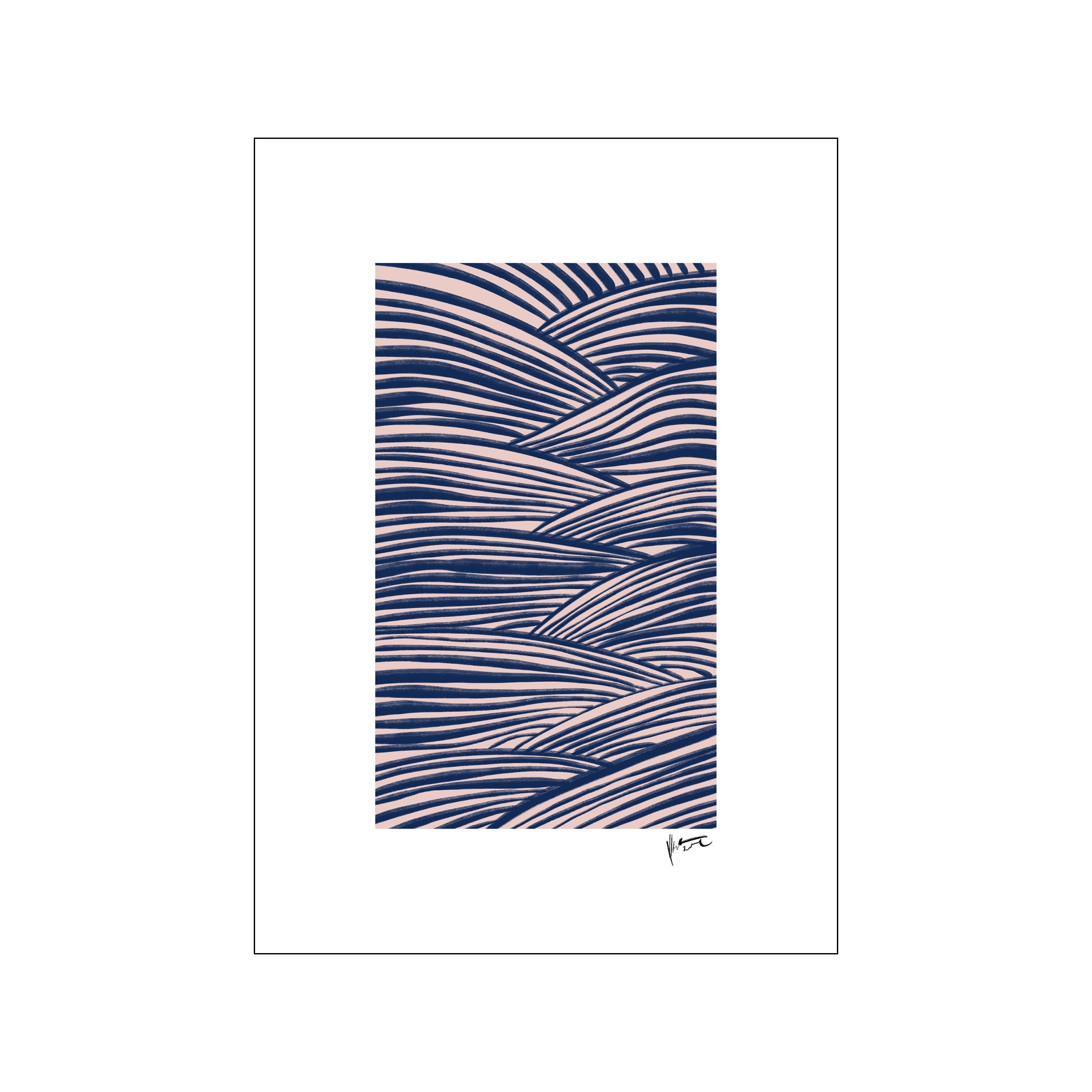 Abstract print with layered navy curved lines over a blush pink background
