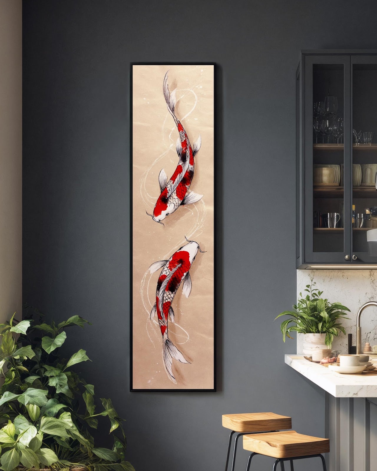 Vertical canvas wall art in interior setting.