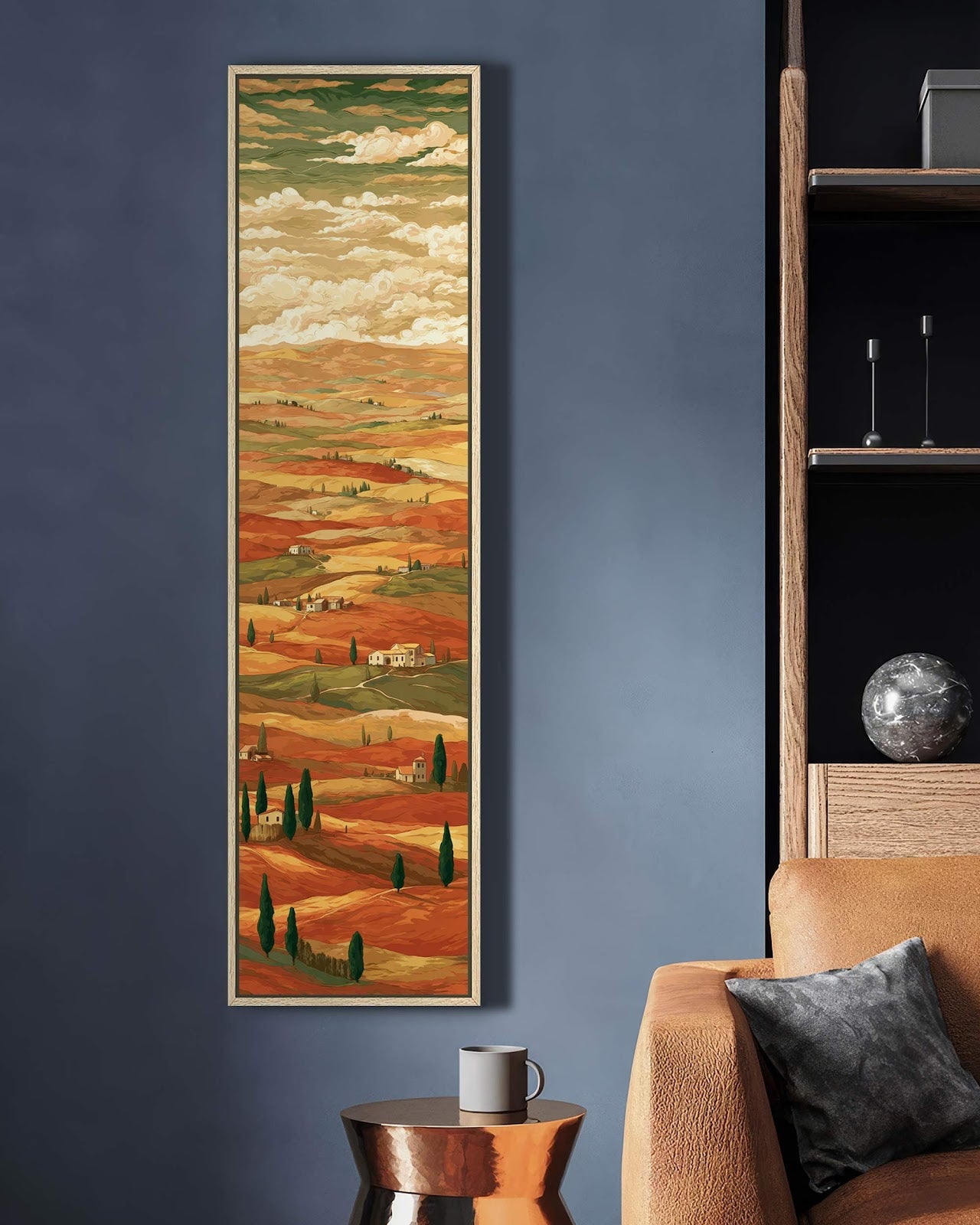 Vertical canvas wall art in interior setting.