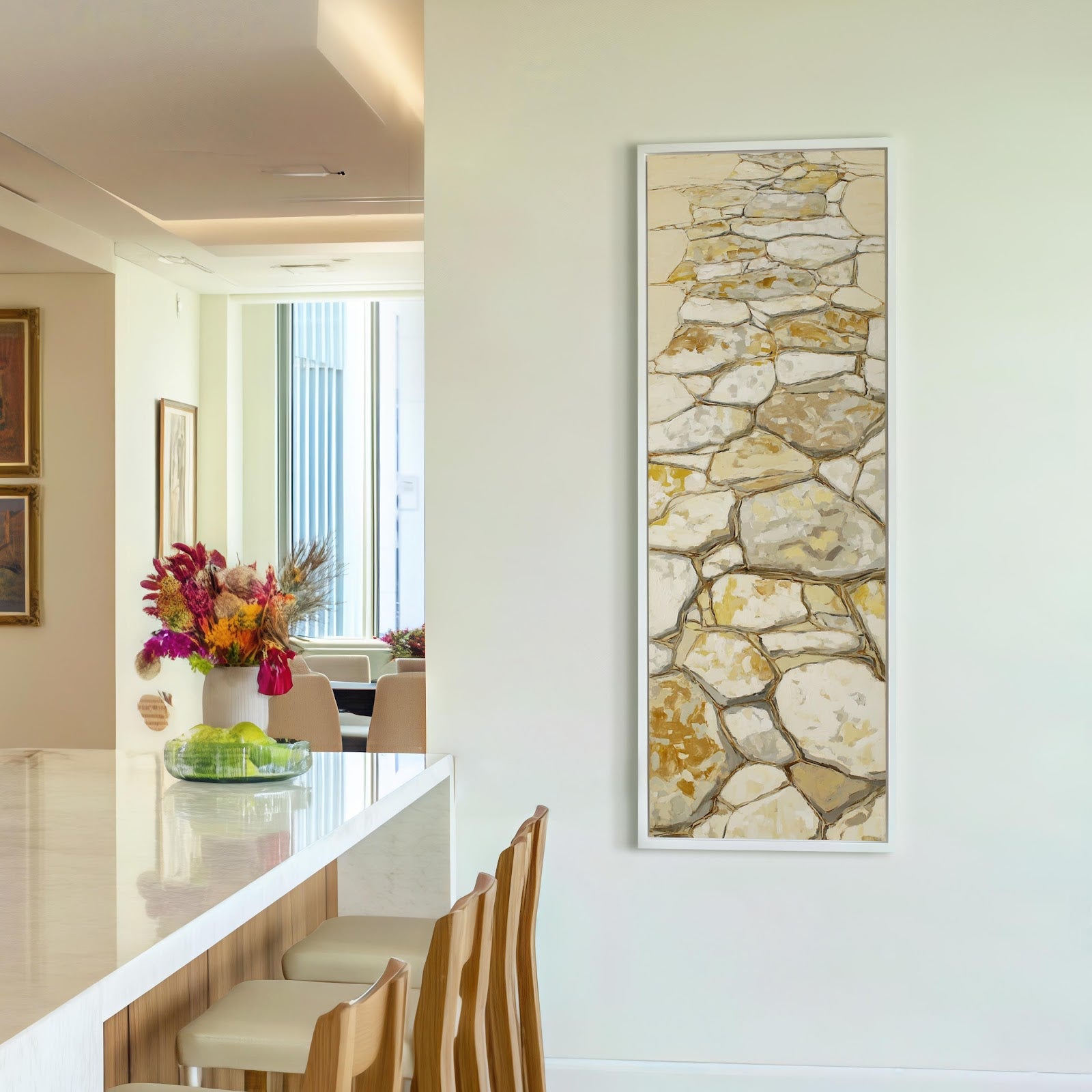 Vertical canvas wall art in interior setting.