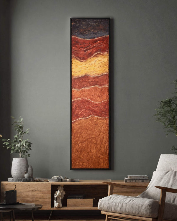 Vertical canvas wall art in interior setting.