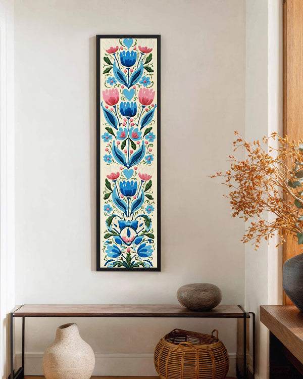 Vertical canvas wall art in interior setting.