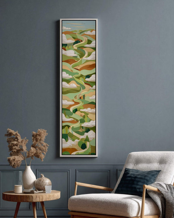 Vertical canvas wall art in interior setting.