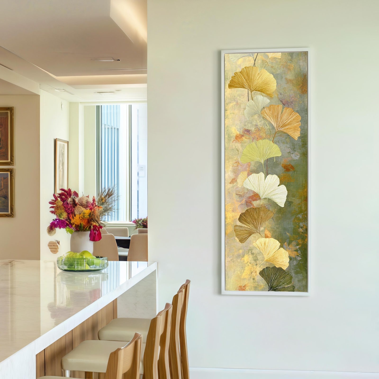 Vertical canvas wall art in interior setting.