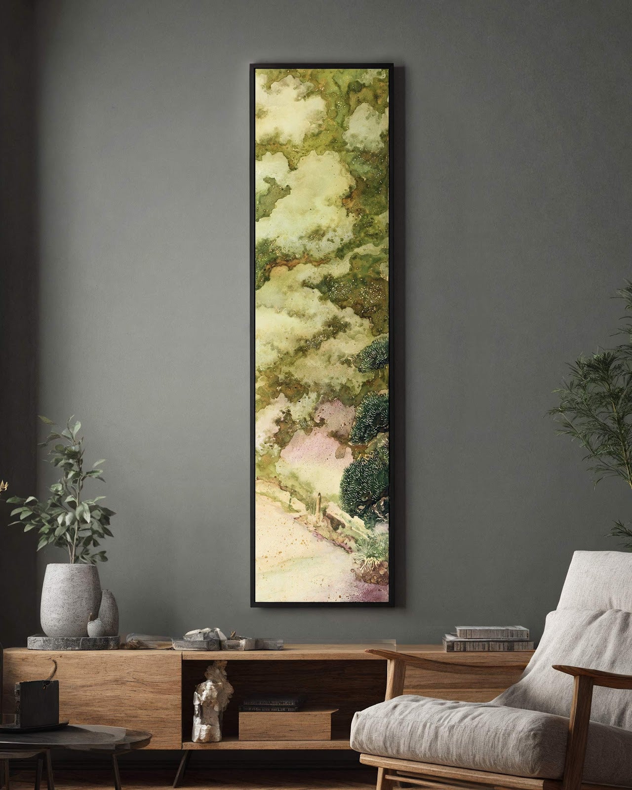 Vertical canvas wall art in interior setting.