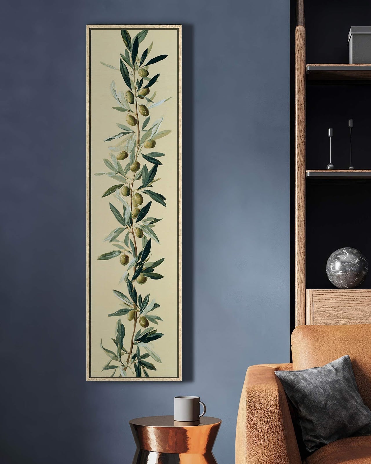 Vertical canvas wall art in interior setting.
