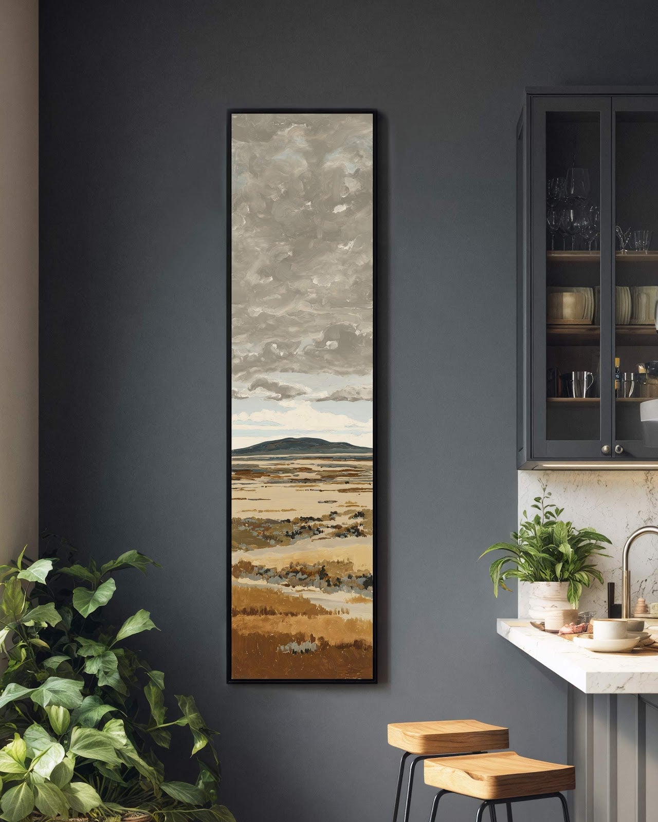 Vertical canvas wall art in interior setting.