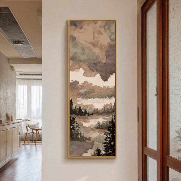 Vertical canvas wall art in interior setting.