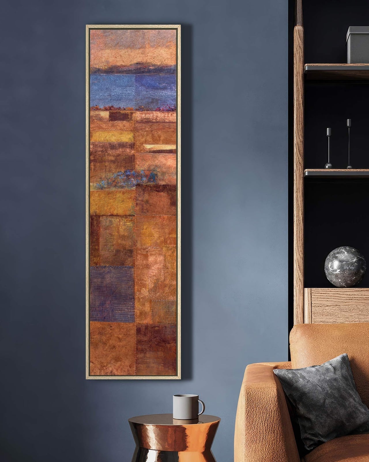 Vertical canvas wall art in interior setting.