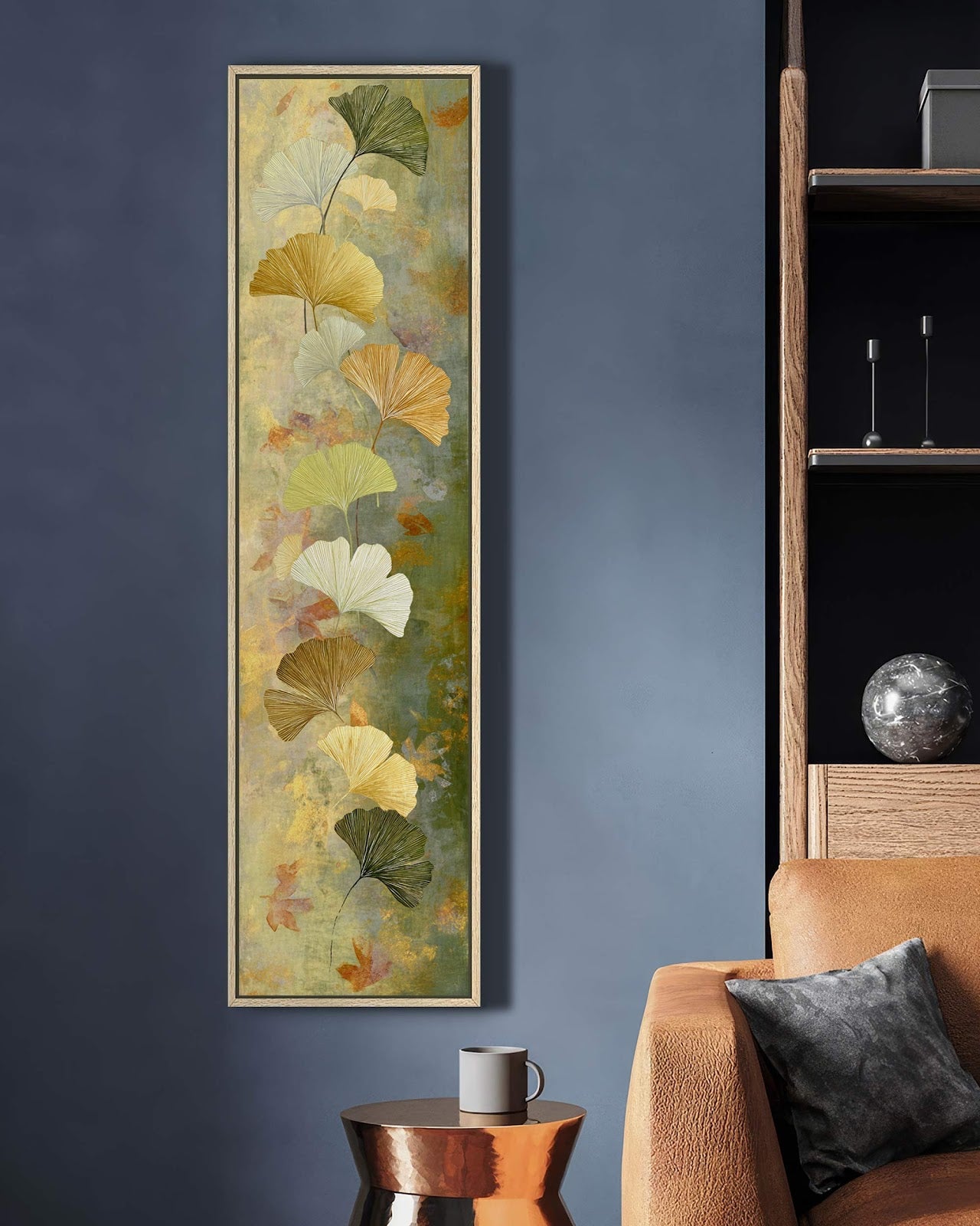 Vertical canvas wall art in interior setting.