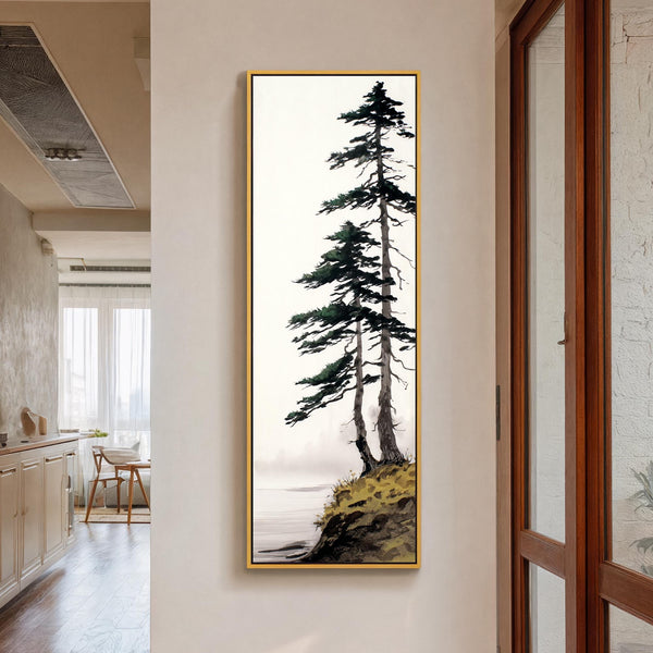 Vertical canvas wall art in interior setting.
