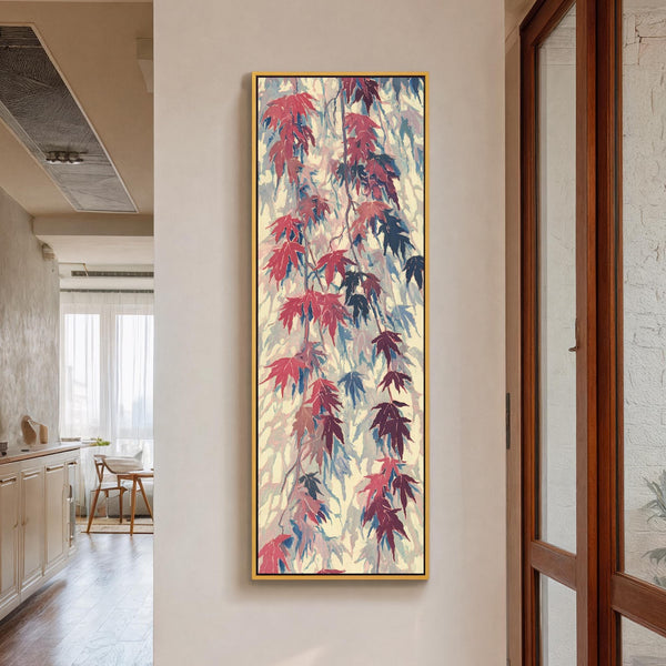 Vertical canvas wall art in interior setting.