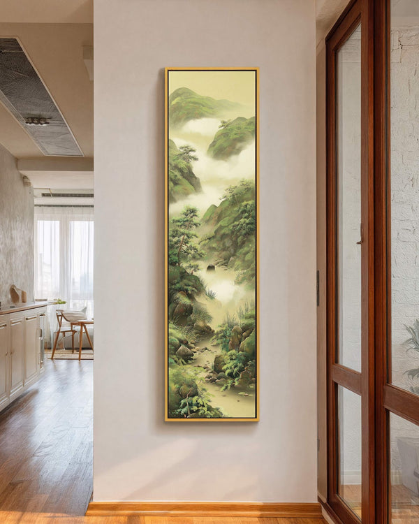 Vertical canvas wall art in interior setting.