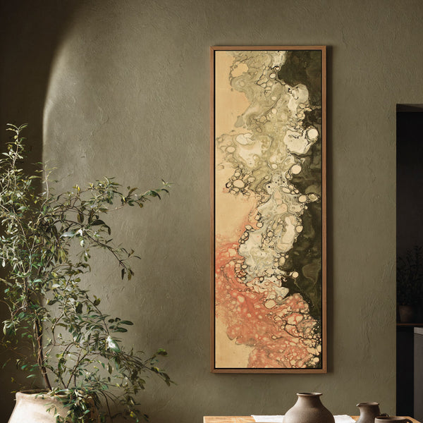 Vertical canvas wall art in interior setting.