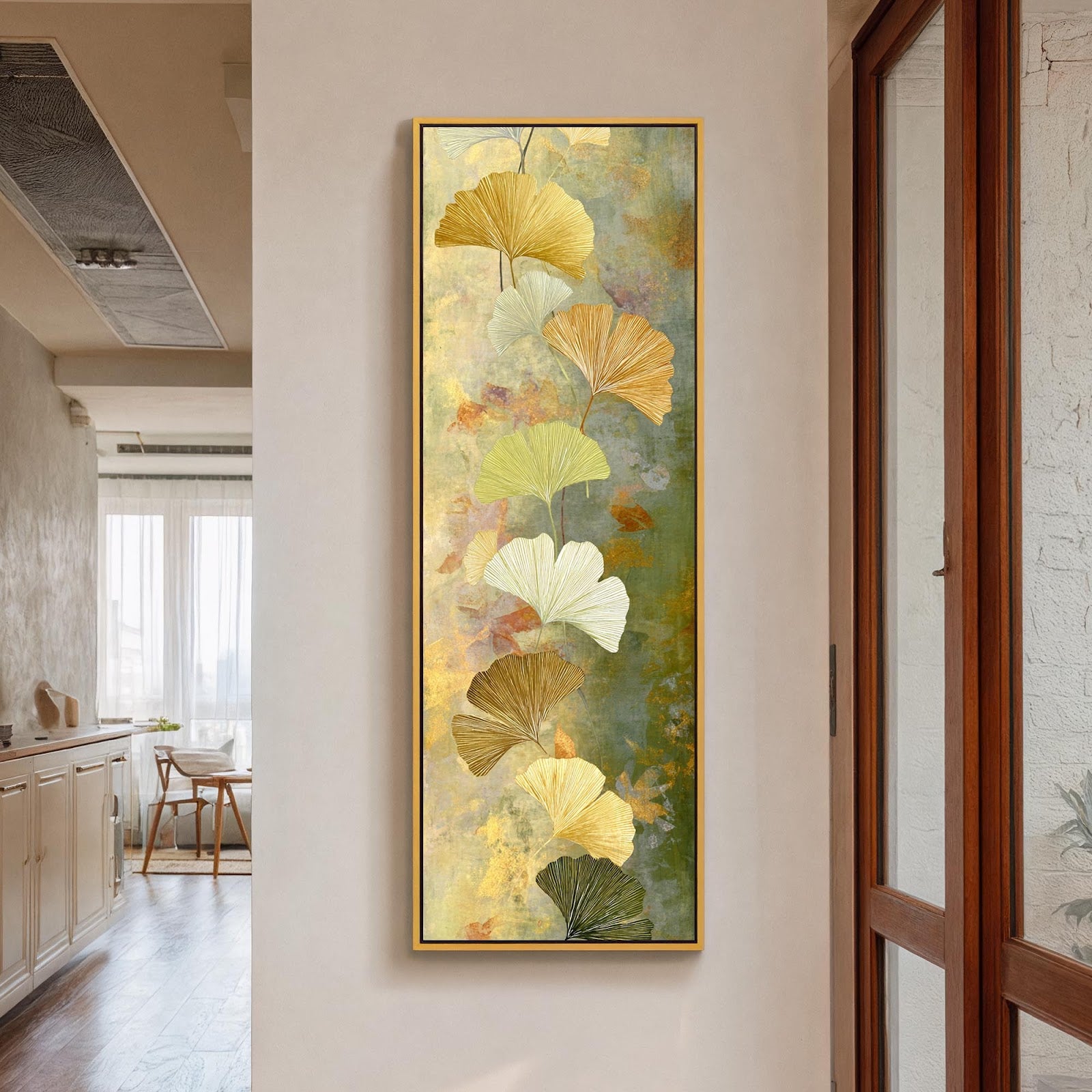 Vertical canvas wall art in interior setting.