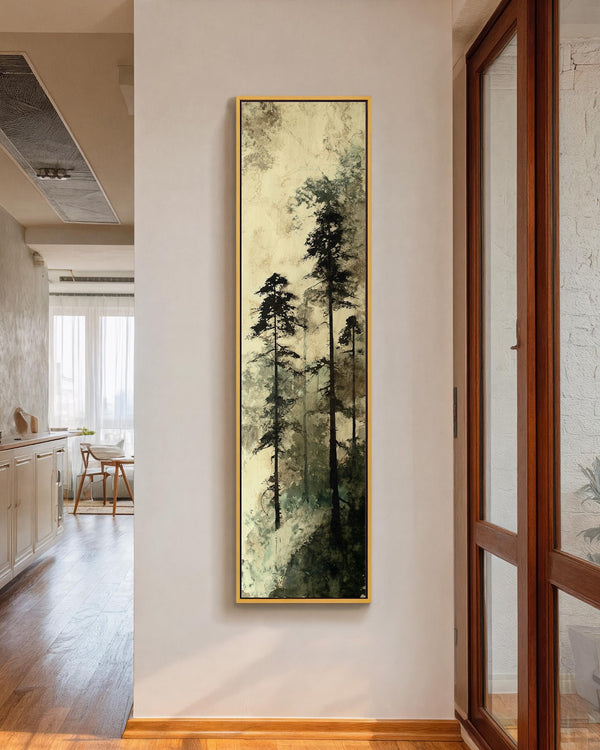 Vertical canvas wall art in interior setting.
