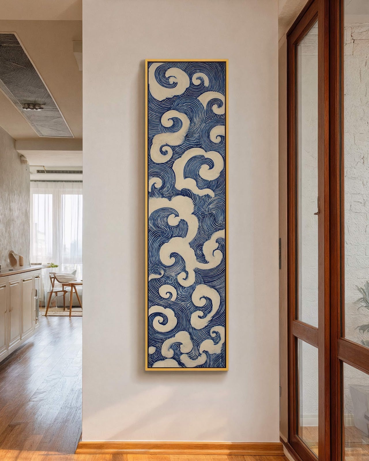 Vertical canvas wall art in interior setting.
