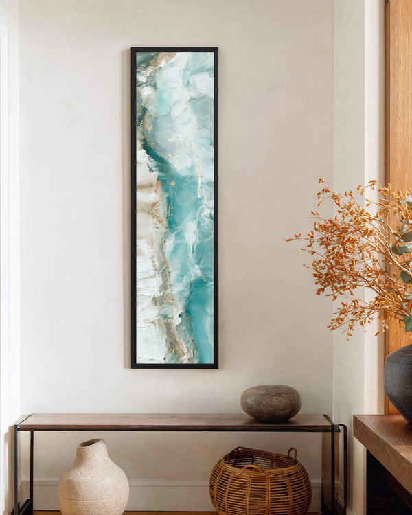 Vertical canvas wall art in interior setting.