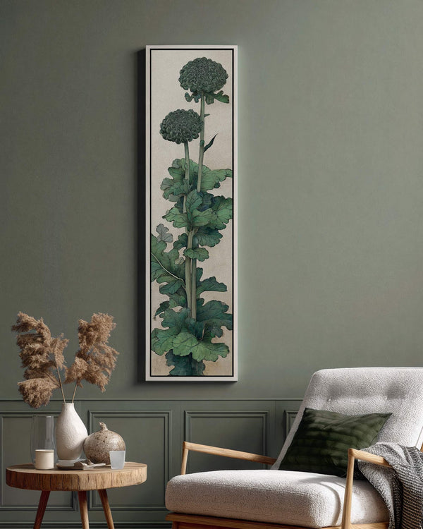 Vertical canvas wall art in interior setting.