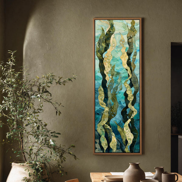 Vertical canvas wall art in interior setting.