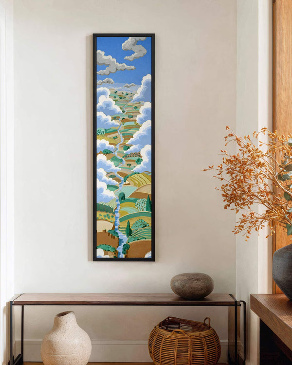 Vertical canvas wall art in interior setting.