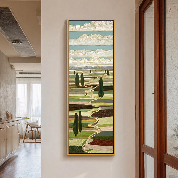 Vertical canvas wall art in interior setting.