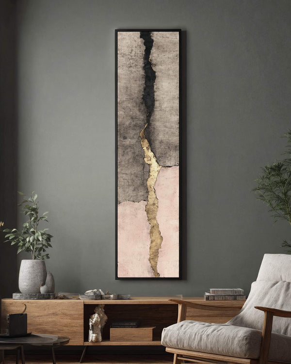 Vertical canvas wall art in interior setting.