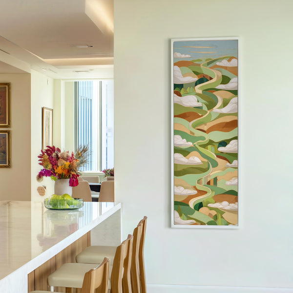 Vertical canvas wall art in interior setting.