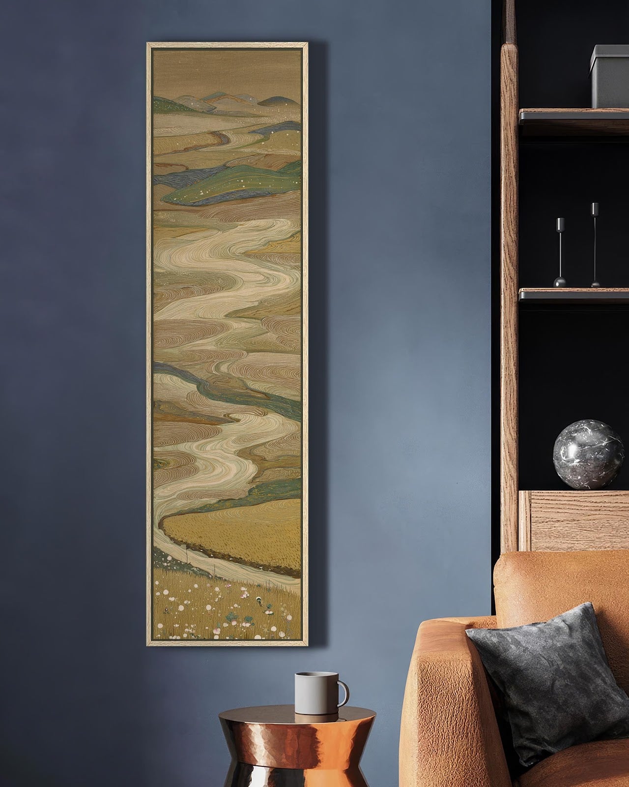 Vertical canvas wall art in interior setting.