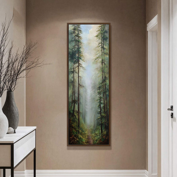 This vertical canvas wall art depicts a misty forest scene with tall trees and a path, rendered in a realistic style with a green and blue palette, displayed on a.