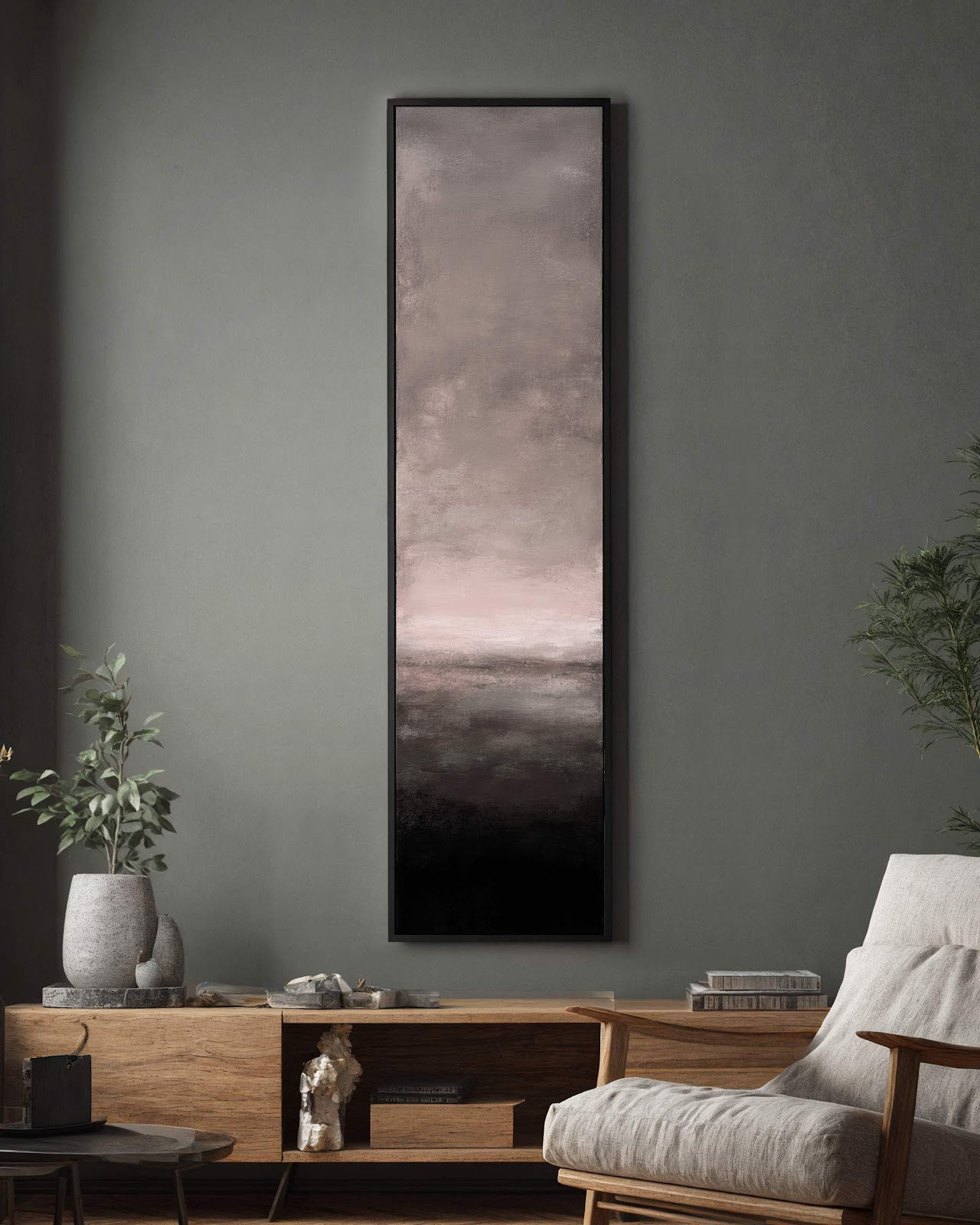 Vertical canvas wall art in interior setting.