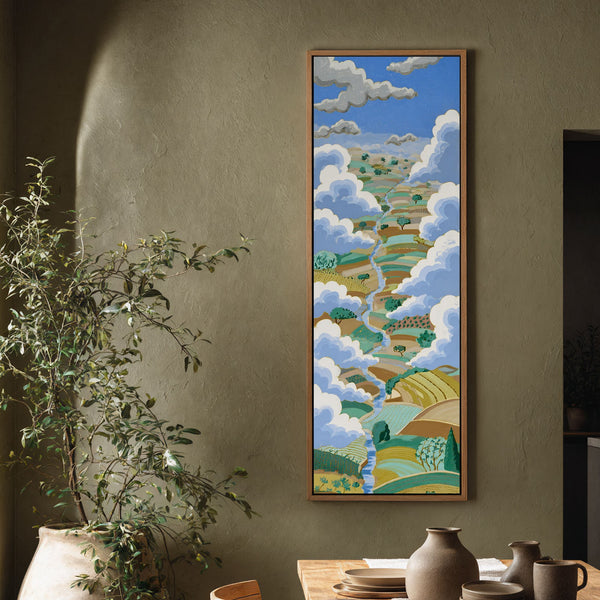 Vertical canvas wall art in interior setting.