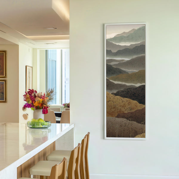 Vertical canvas wall art in interior setting.