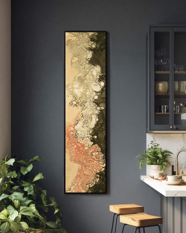 Vertical canvas wall art in interior setting.