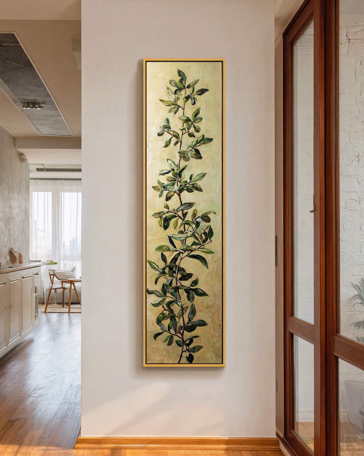 Vertical canvas wall art in interior setting.