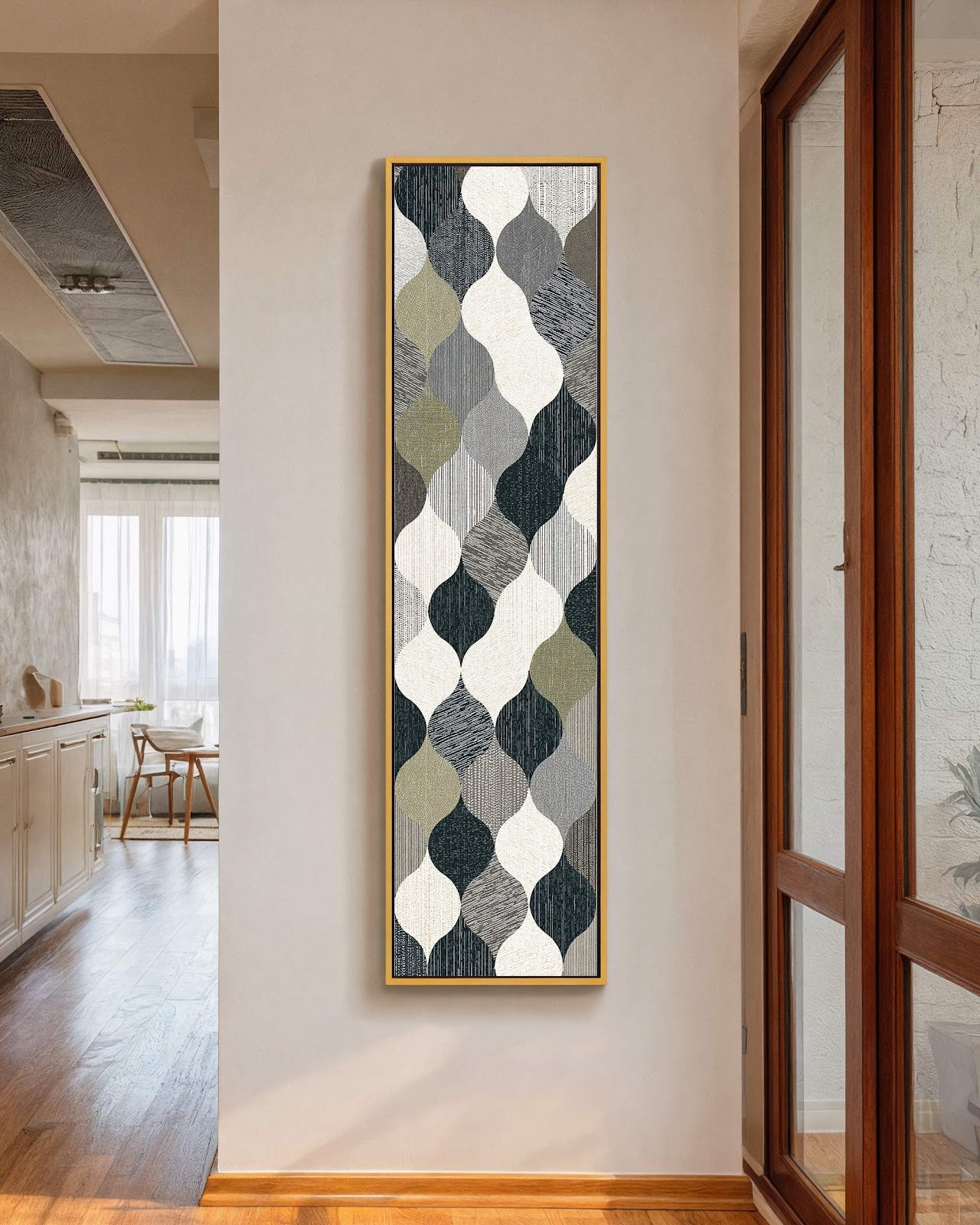 Vertical canvas wall art in interior setting.