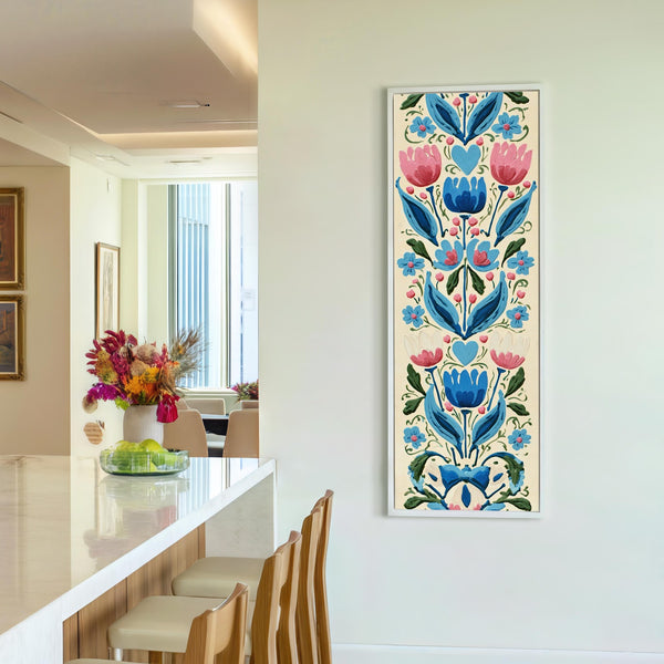 Vertical canvas wall art in interior setting.