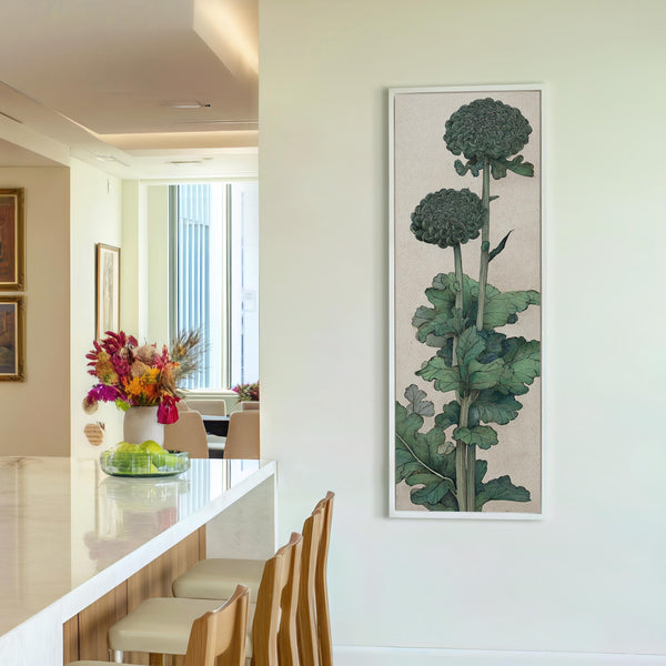 Vertical canvas wall art in interior setting.