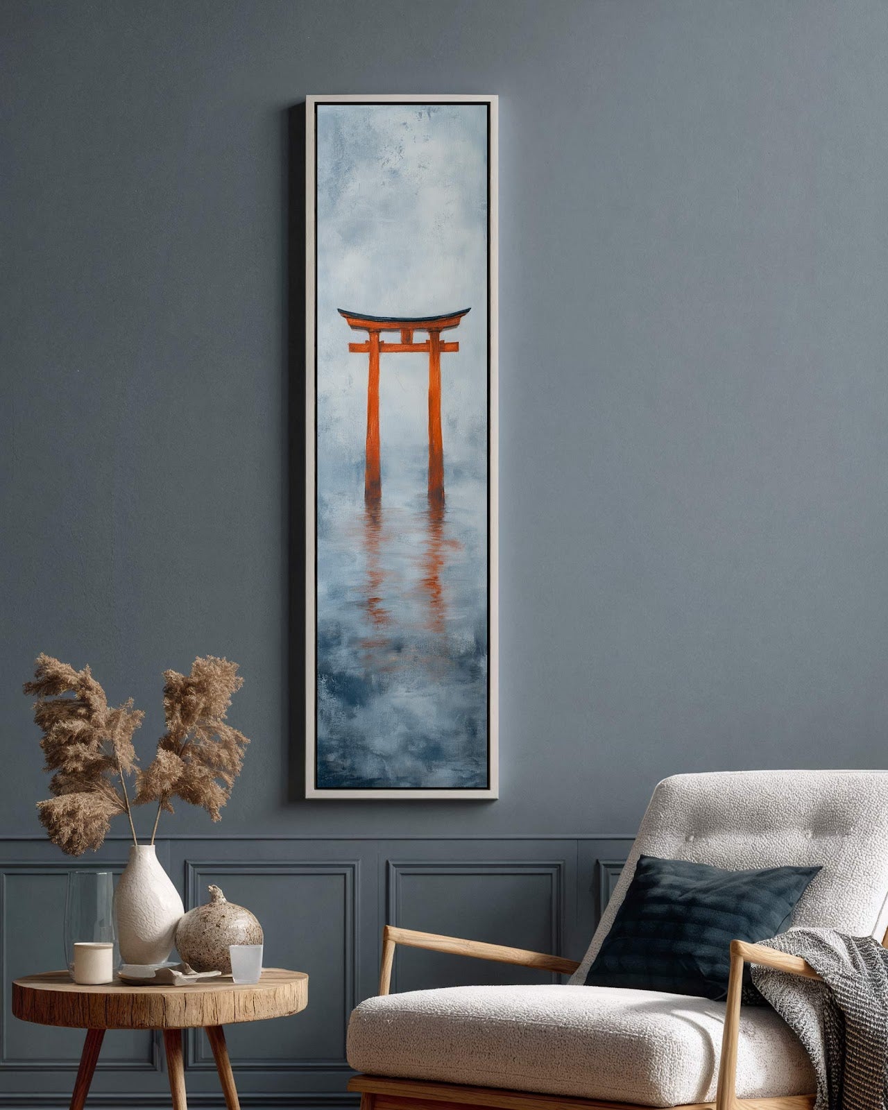 Vertical canvas wall art in interior setting.