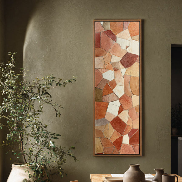 Vertical canvas wall art in interior setting.