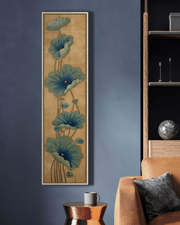 Vertical canvas wall art in interior setting.