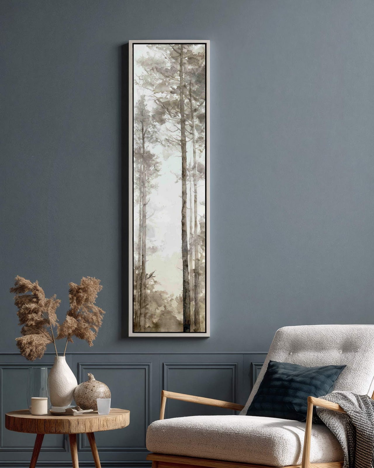 Vertical canvas wall art in interior setting.