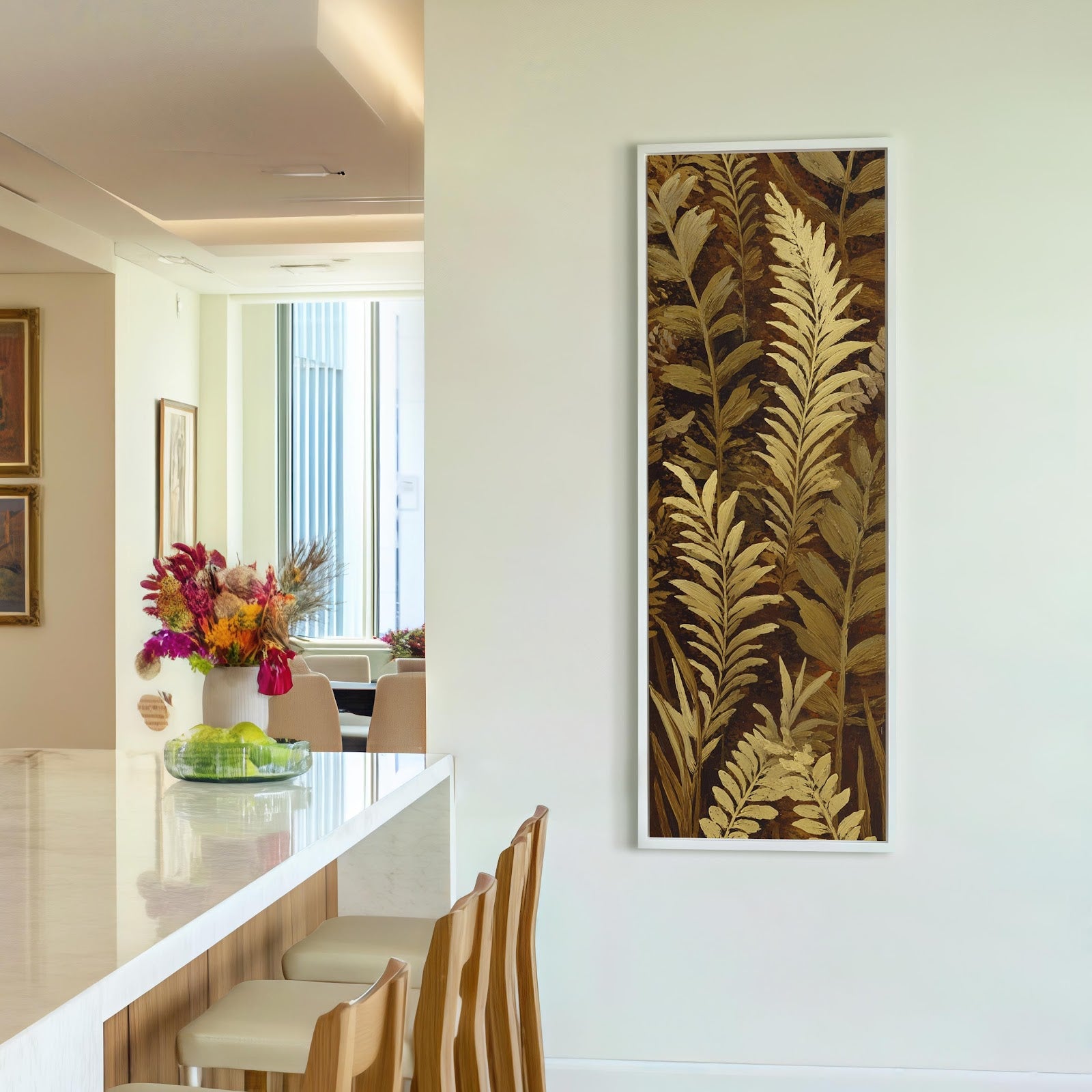 Vertical canvas wall art in interior setting.