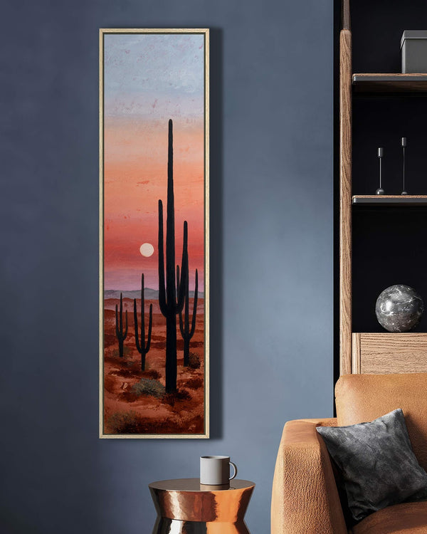Vertical canvas wall art in interior setting.