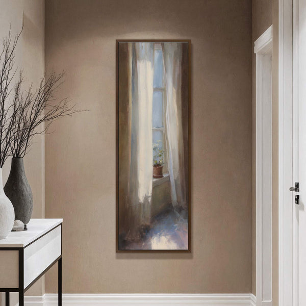 This vertical canvas wall art features a painterly style with a muted palette depicting light filtering through sheer curtains to illuminate a potted plant on a windowsill, hanging on a.