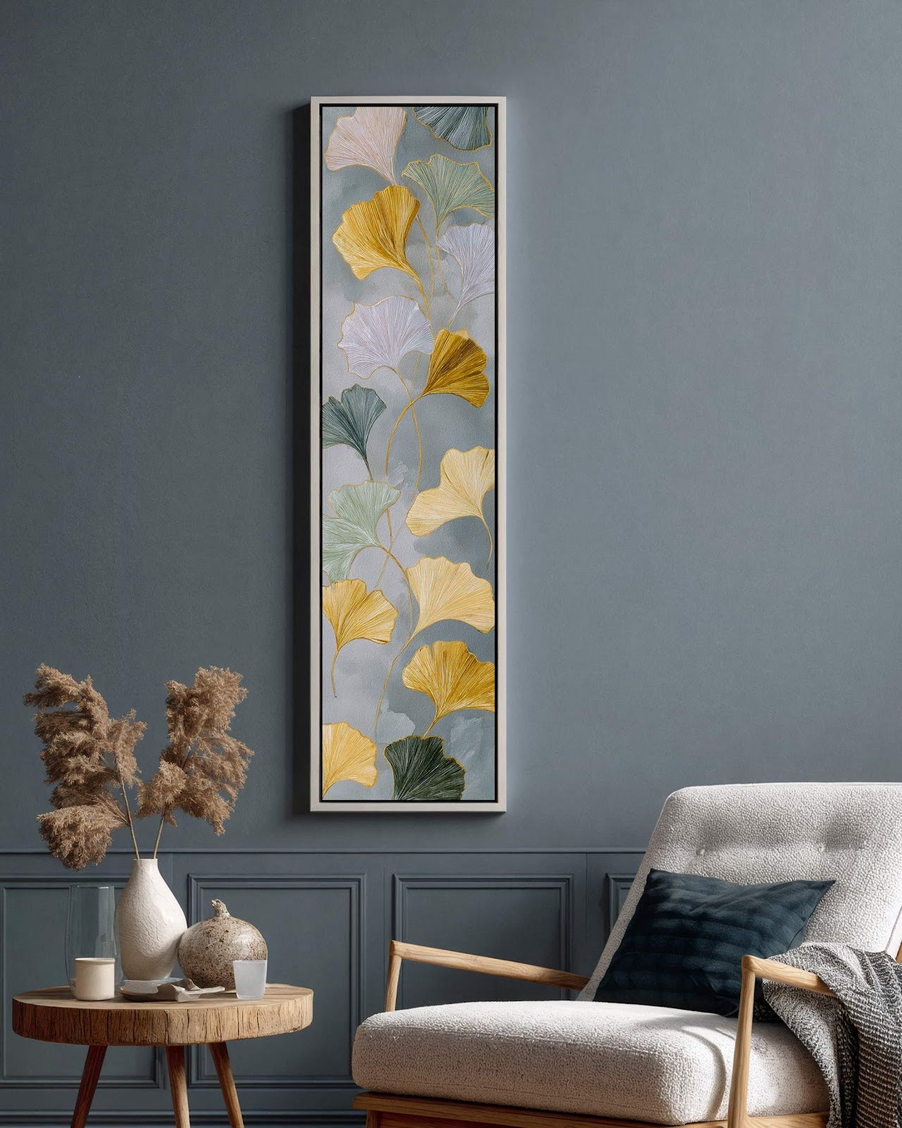 Vertical canvas wall art in interior setting.