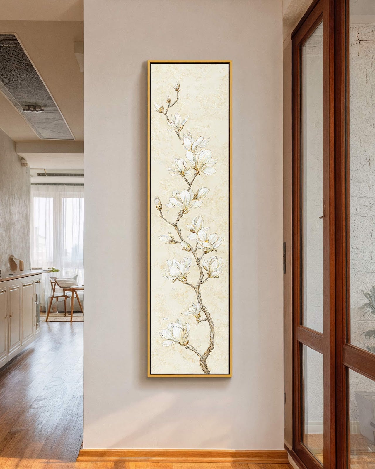 Vertical canvas wall art in interior setting.