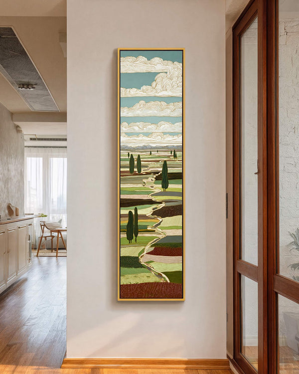 Vertical canvas wall art in interior setting.