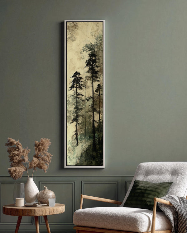 Vertical canvas wall art in interior setting.