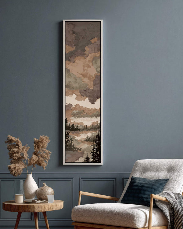 Vertical canvas wall art in interior setting.